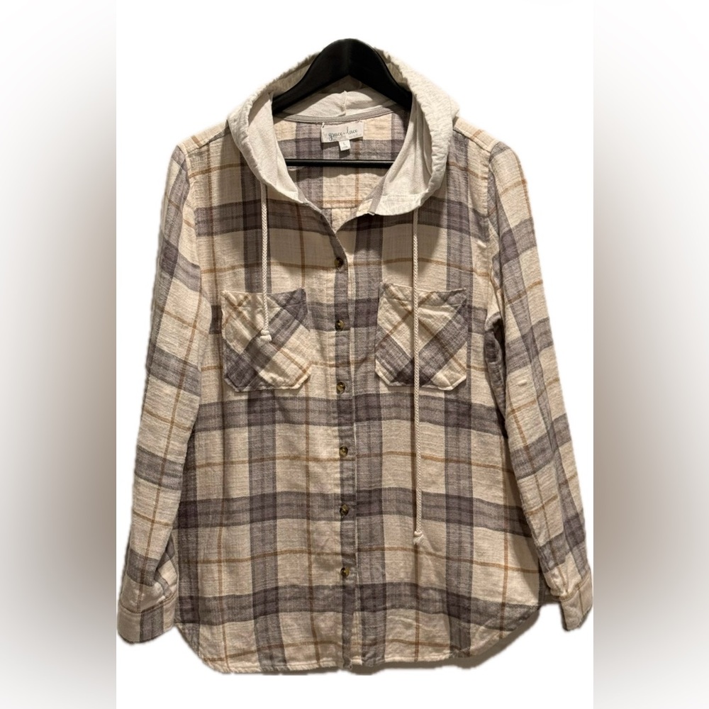 NWOT Grace & Lace Plaid Hooded Shirt Jacket in Cream & Taupe with Rust Accent